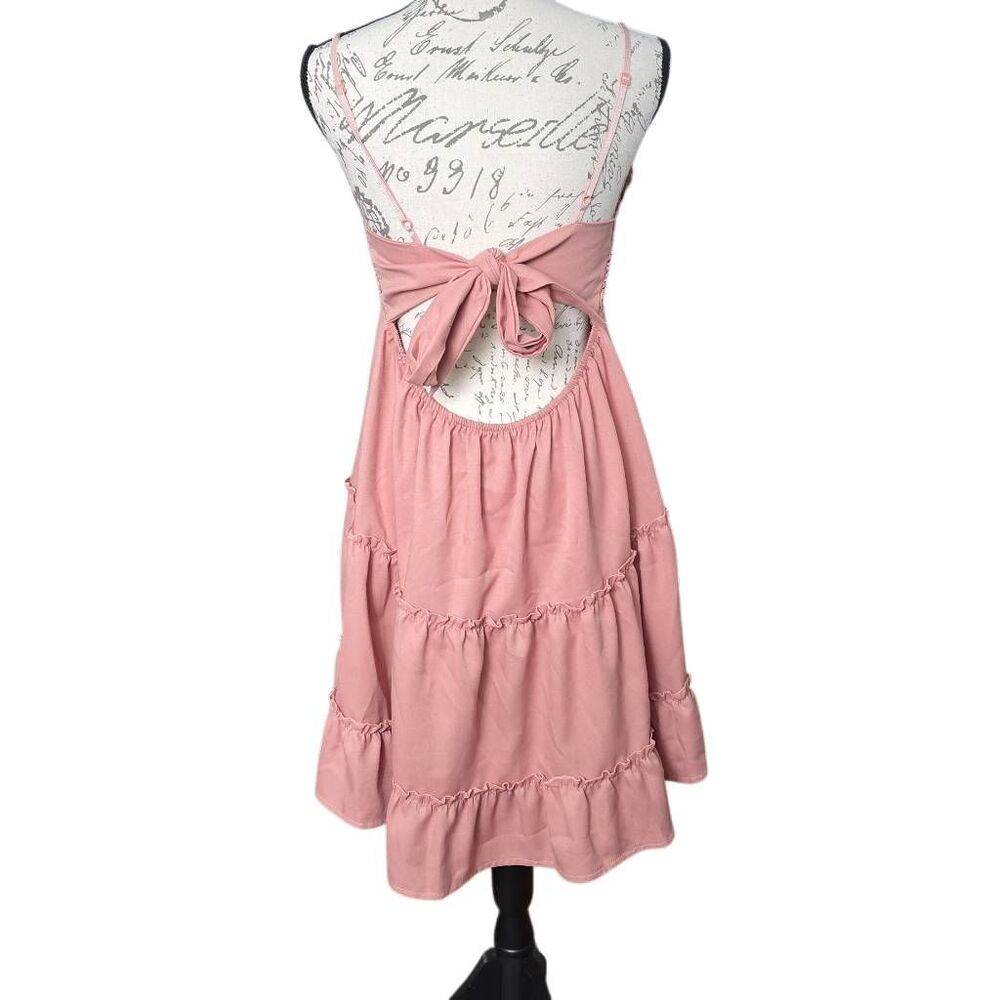 Shein Women's Size XL Dusty Pink Crochet Bodice Ruffled Skirt Tie Back Dress - Picture 3 of 6